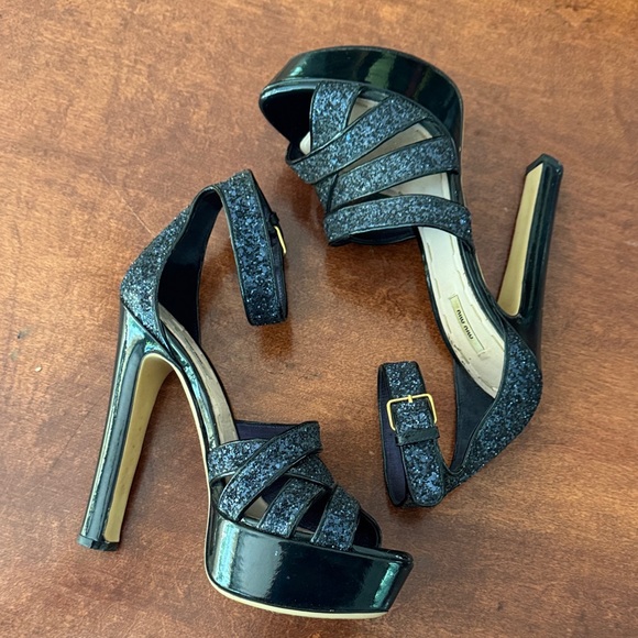 Miu Miu Shoes - Miu Miu Navy Blue Glitter Platform Ankle-Strap Sandals